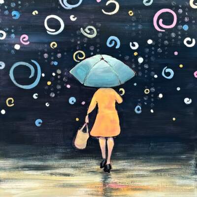 Enchantment, original acrylic painting of a lady holding an umbrella by Canadian artist Eleanor Lowden at Effusion Art Gallery in Invermere, BC.