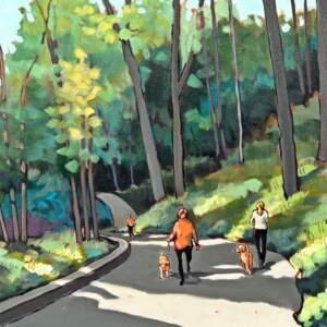 Listen for the Birds, original acrylic painting of people walking their dogs in a summer park by Canadian artist Eleanor Lowden at Effusion Art Gallery in Invermere, BC.
