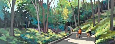 Listen for the Birds, original acrylic painting of people walking their dogs in a summer park by Canadian artist Eleanor Lowden at Effusion Art Gallery in Invermere, BC.