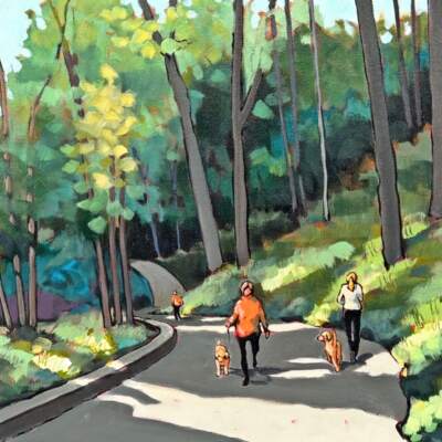 Listen for the Birds, original acrylic painting of people walking their dogs in a summer park by Canadian artist Eleanor Lowden at Effusion Art Gallery in Invermere, BC.