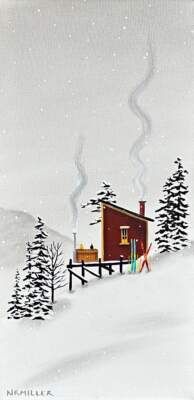 Our Chalet Days, original mixed media ski chalet with hot tub painting by Canadian artist Natasha Miller at Effusion Art Gallery in Invermere, BC.