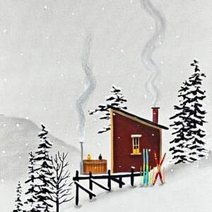 Our Chalet Days, original mixed media ski chalet with hot tub painting by Canadian artist Natasha Miller at Effusion Art Gallery in Invermere, BC.