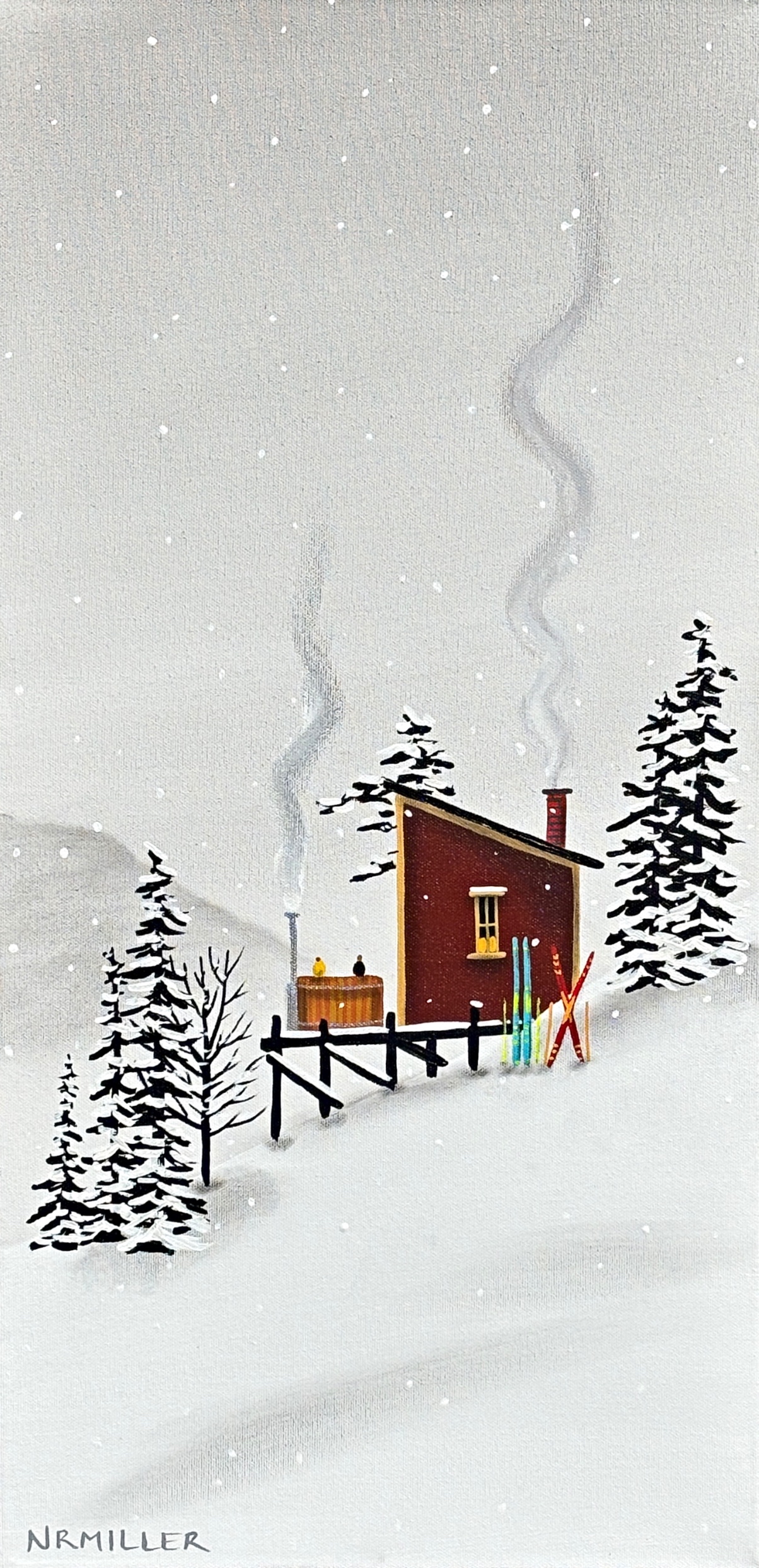 Our Chalet Days, original mixed media ski chalet with hot tub painting by Canadian artist Natasha Miller at Effusion Art Gallery in Invermere, BC.