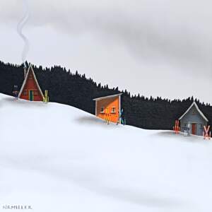 Siesta and Ski, original mixed media ski chalet painting by Canadian artist Natasha Miller at Effusion Art Gallery in Invermere, BC.