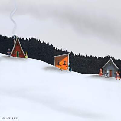 Siesta and Ski, original mixed media ski chalet painting by Canadian artist Natasha Miller at Effusion Art Gallery in Invermere, BC.