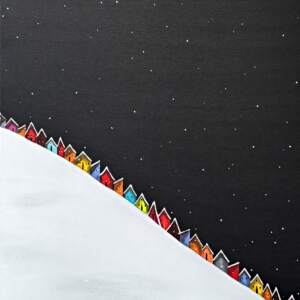 Slope Side, original mixed media ski chalet painting at night by Canadian artist Natasha Miller at Effusion Art Gallery in Invermere, BC.