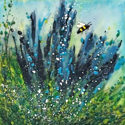 Blue Meadow, original mini encaustic painting of a bee and blue flowers by Canadian artist Cindy Obuck at Effusion Art Gallery in Invermere, BC.