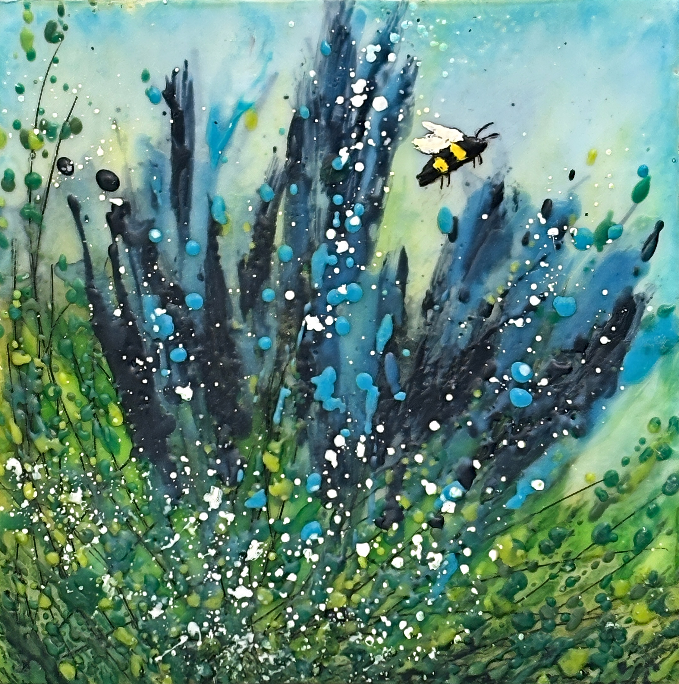 Blue Meadow, original mini encaustic painting of a bee and blue flowers by Canadian artist Cindy Obuck at Effusion Art Gallery in Invermere, BC.