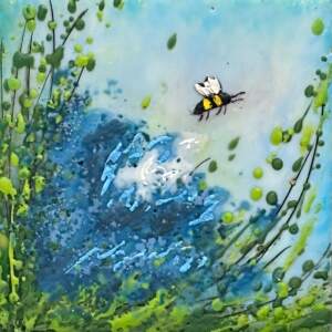 Buzz of Flax, original mini encaustic painting of a bee and blue flowers by Canadian artist Cindy Obuck at Effusion Art Gallery in Invermere, BC.