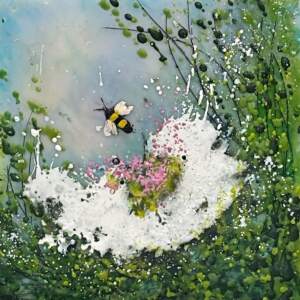Buzzing in Beauty, original mini encaustic painting of a bee and pink and white flowers by Canadian artist Cindy Obuck at Effusion Art Gallery in Invermere, BC.