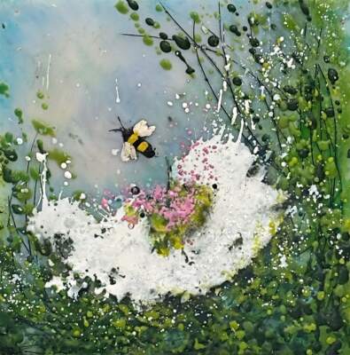 Buzzing in Beauty, original mini encaustic painting of a bee and pink and white flowers by Canadian artist Cindy Obuck at Effusion Art Gallery in Invermere, BC.
