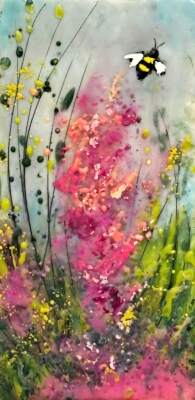 Buzzing in Pink Mountain, original mini encaustic painting of a bee and pink flowers by Canadian artist Cindy Obuck at Effusion Art Gallery in Invermere, BC.