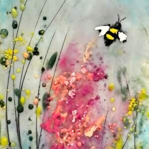 Buzzing in Pink Mountain, original mini encaustic painting of a bee and pink flowers by Canadian artist Cindy Obuck at Effusion Art Gallery in Invermere, BC.