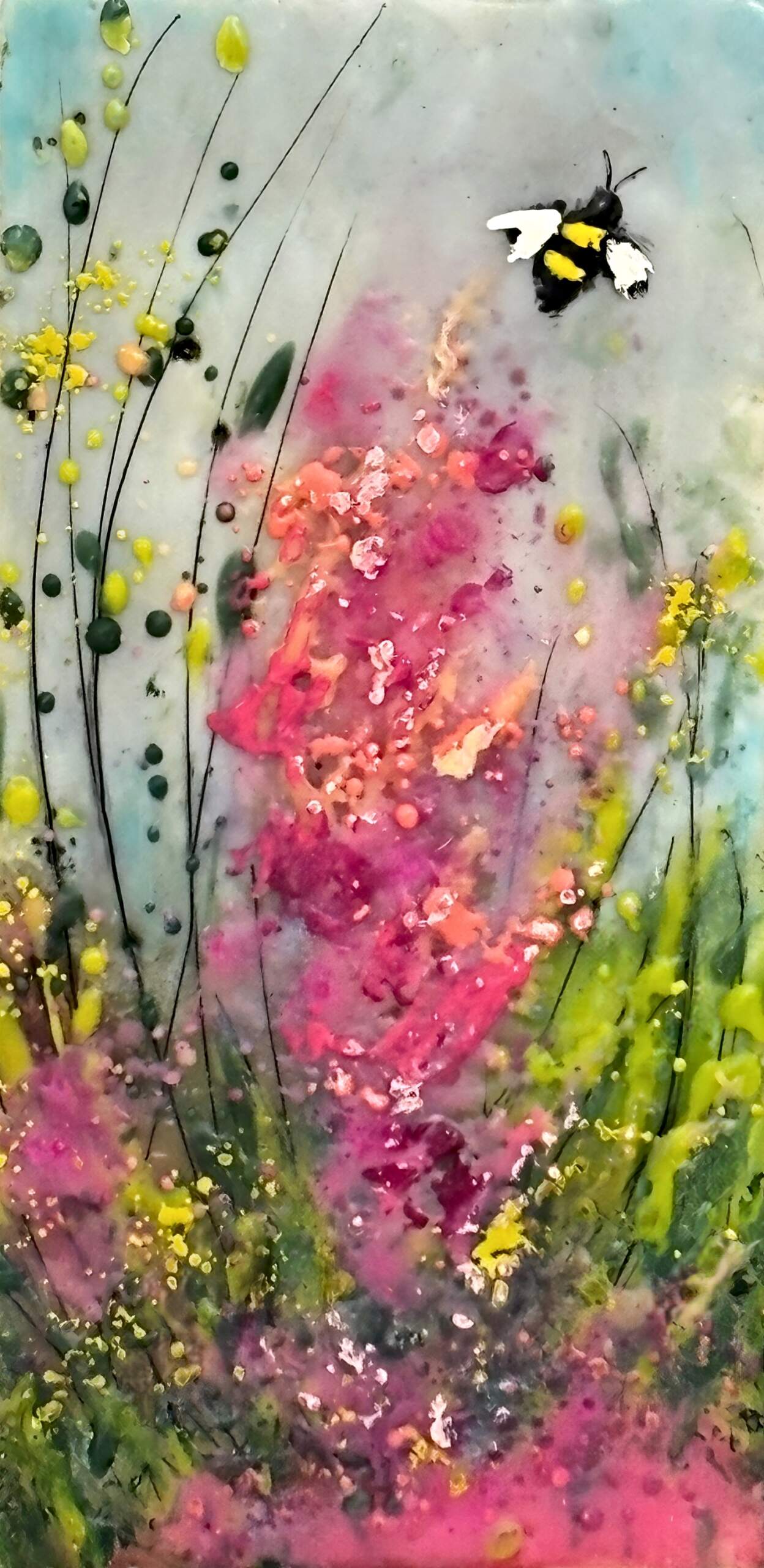 Buzzing in Pink Mountain, original mini encaustic painting of a bee and pink flowers by Canadian artist Cindy Obuck at Effusion Art Gallery in Invermere, BC.