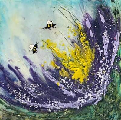 Dancing Aster, original mini encaustic painting of bees and a purple flower by Canadian artist Cindy Obuck at Effusion Art Gallery in Invermere, BC.
