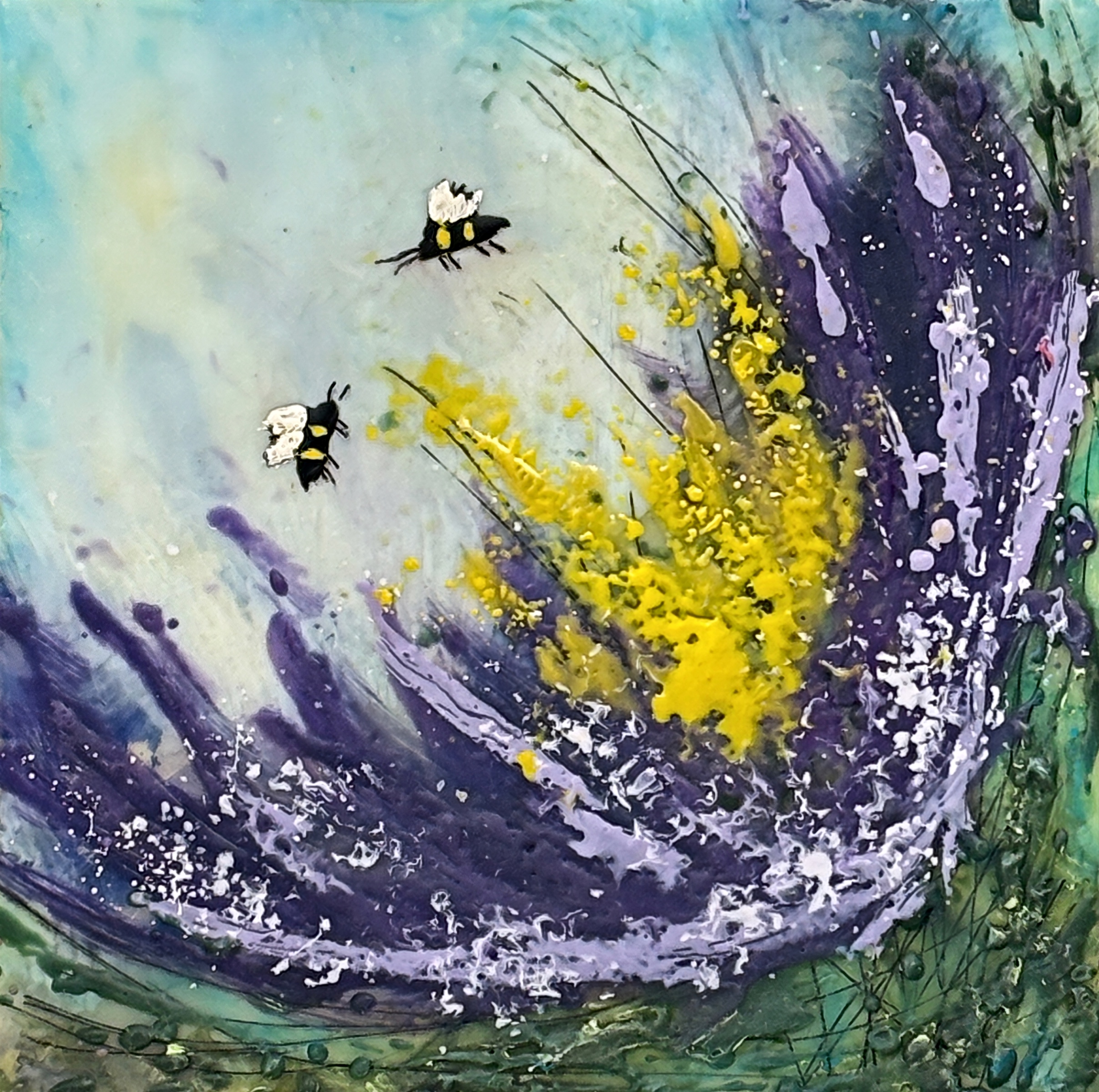 Dancing Aster, original mini encaustic painting of bees and a purple flower by Canadian artist Cindy Obuck at Effusion Art Gallery in Invermere, BC.