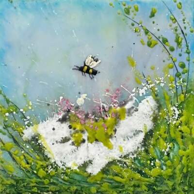 Garden of Beauty, original mini encaustic painting of a bee and pink and white flowers by Canadian artist Cindy Obuck at Effusion Art Gallery in Invermere, BC.