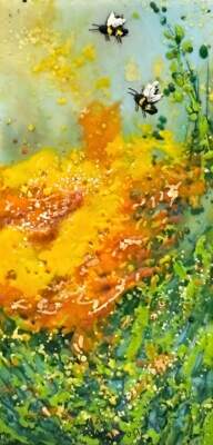Golden Arnica, original mini encaustic painting of bees and a yellow flower by Canadian artist Cindy Obuck at Effusion Art Gallery in Invermere, BC.