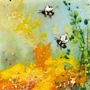 Golden Arnica, original mini encaustic painting of bees and a yellow flower by Canadian artist Cindy Obuck at Effusion Art Gallery in Invermere, BC.