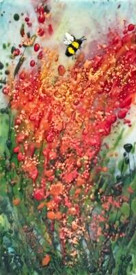 Petals in Paint, original mini encaustic painting of a bee and red flowers by Canadian artist Cindy Obuck at Effusion Art Gallery in Invermere, BC.