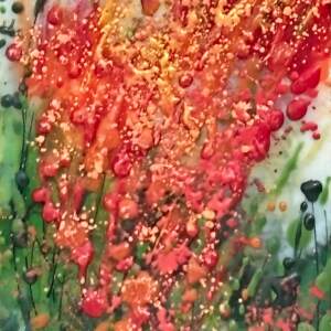 Petals in Paint, original mini encaustic painting of a bee and red flowers by Canadian artist Cindy Obuck at Effusion Art Gallery in Invermere, BC.