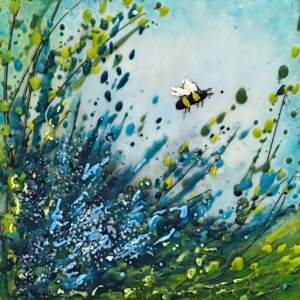 Wild Blue, original mini encaustic painting of a bee and blue flowers by Canadian artist Cindy Obuck at Effusion Art Gallery in Invermere, BC.