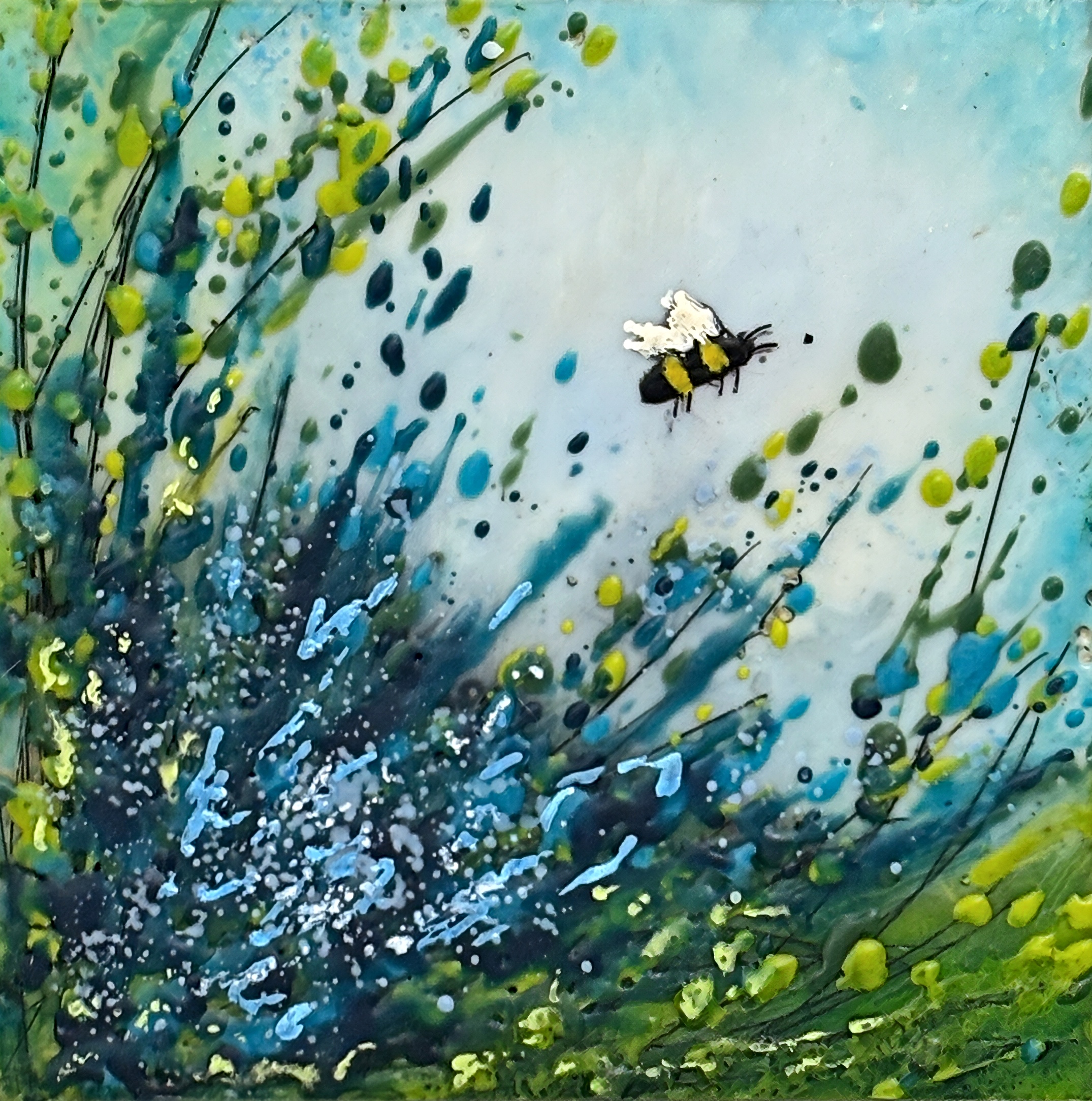 Wild Blue, original mini encaustic painting of a bee and blue flowers by Canadian artist Cindy Obuck at Effusion Art Gallery in Invermere, BC.