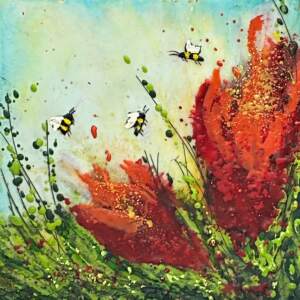 Wild Brush Bloom, original mini encaustic painting of bees and red flowers by Canadian artist Cindy Obuck at Effusion Art Gallery in Invermere, BC.