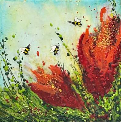 Wild Brush Bloom, original mini encaustic painting of bees and red flowers by Canadian artist Cindy Obuck at Effusion Art Gallery in Invermere, BC.