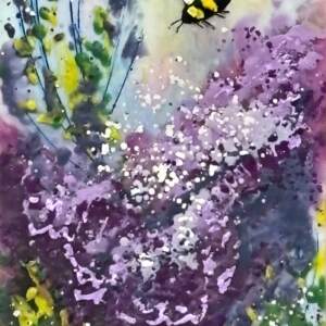 Wild Daisy, original mini encaustic painting of a bee and purple flowers by Canadian artist Cindy Obuck at Effusion Art Gallery in Invermere, BC.