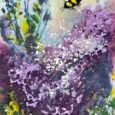 Wild Daisy, original mini encaustic painting of a bee and purple flowers by Canadian artist Cindy Obuck at Effusion Art Gallery in Invermere, BC.
