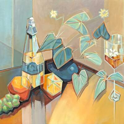 Playful Romance I, original acrylic still life painting by Canadian artist Kato Rempel at Effusion Art Gallery in Invermere, BC.