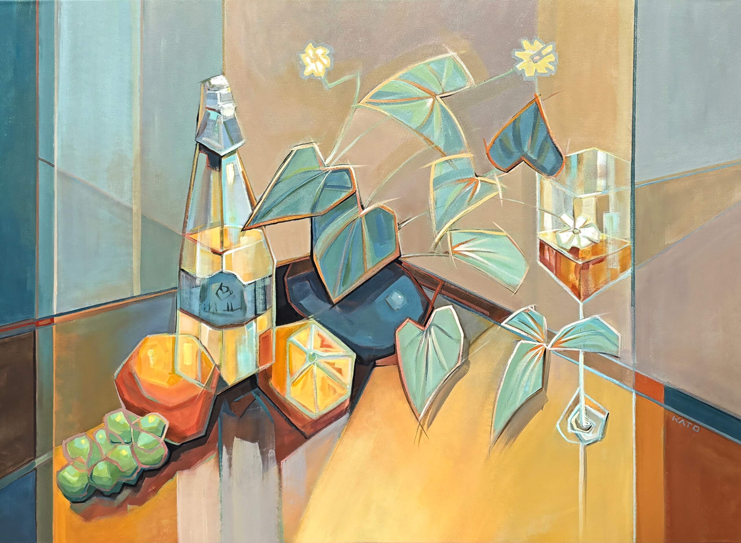 Playful Romance I, original acrylic still life painting by Canadian artist Kato Rempel at Effusion Art Gallery in Invermere, BC.