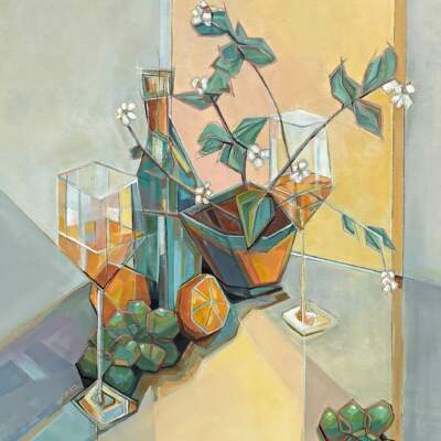 Playful Romance II, original acrylic still life painting by Canadian artist Kato Rempel at Effusion Art Gallery in Invermere, BC.
