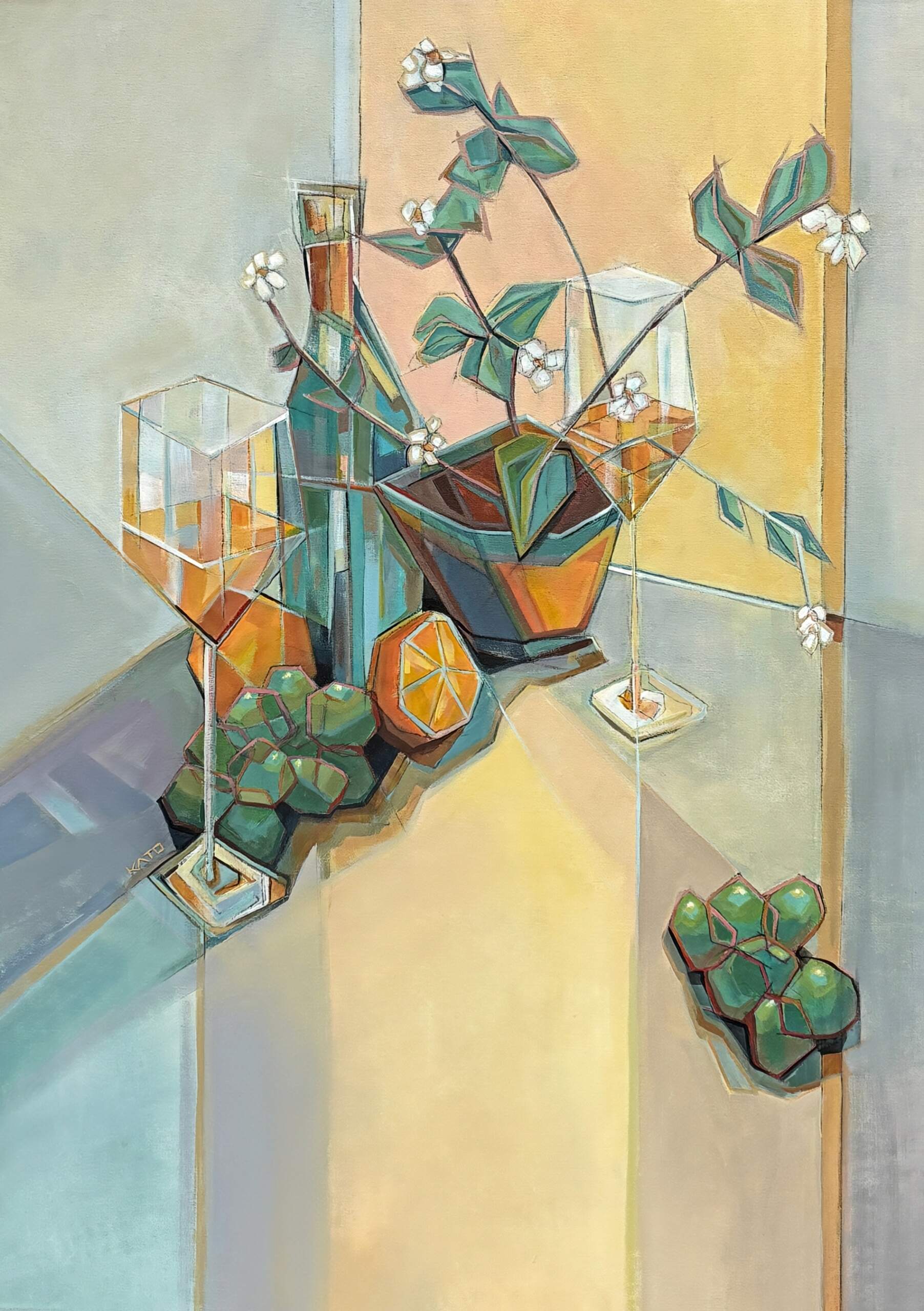 Playful Romance II, original acrylic still life painting by Canadian artist Kato Rempel at Effusion Art Gallery in Invermere, BC.
