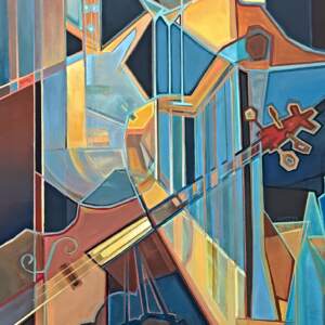 Swing Serenade, original acrylic jazz musician painting by Canadian artist Kato Rempel at Effusion Art Gallery in Invermere, BC.