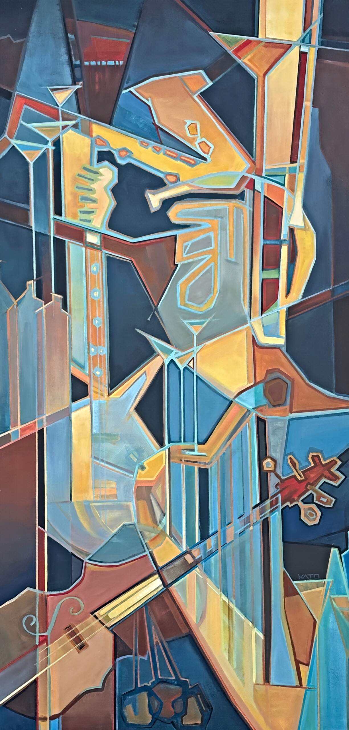 Swing Serenade, original acrylic jazz musician painting by Canadian artist Kato Rempel at Effusion Art Gallery in Invermere, BC.