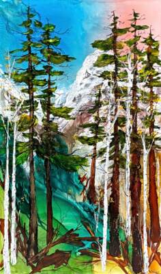 Where My Heart Stills, original alcohol ink landscape painting of trees at sunset by Canadian artist Paulina Tokarski at Effusion Art Gallery in Invermere, BC.