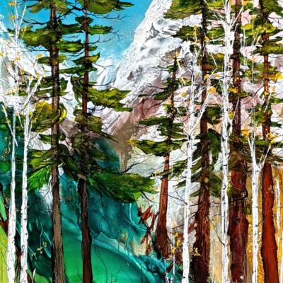 Where My Heart Stills, original alcohol ink landscape painting of trees at sunset by Canadian artist Paulina Tokarski at Effusion Art Gallery in Invermere, BC.