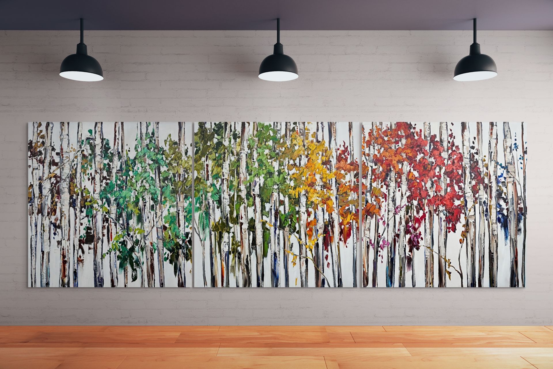 Season by Season 1, 2 and 3, original oil and copper leaf paintings of trees shifting though the four seasons by Canadian artist Kimberly Kiel at Effusion Art Gallery in Invermere, BC.