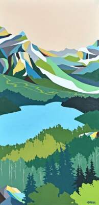 Crystal Clear, original acrylic colour blocked landscape painting of Peyto Lake in Banff National Park by Canadian artist Michelle Barkway at Effusion Art Gallery in Invermere, BC.