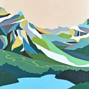 Crystal Clear, original acrylic colour blocked landscape painting of Peyto Lake in Banff National Park by Canadian artist Michelle Barkway at Effusion Art Gallery in Invermere, BC.