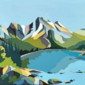 Wilder Places, original acrylic colour blocked landscape painting of Medicine Lake in Jasper National Park by Canadian artist Michelle Barkway at Effusion Art Gallery in Invermere, BC.