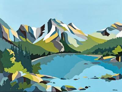 Wilder Places, original acrylic colour blocked landscape painting of Medicine Lake in Jasper National Park by Canadian artist Michelle Barkway at Effusion Art Gallery in Invermere, BC.