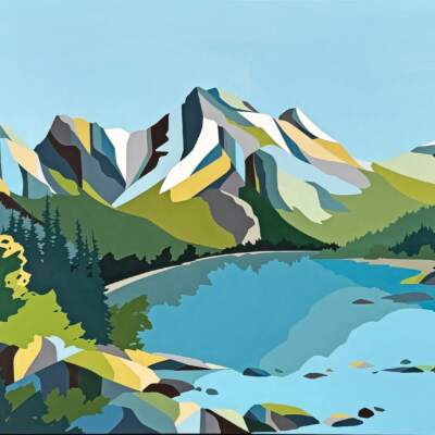 Wilder Places, original acrylic colour blocked landscape painting of Medicine Lake in Jasper National Park by Canadian artist Michelle Barkway at Effusion Art Gallery in Invermere, BC.