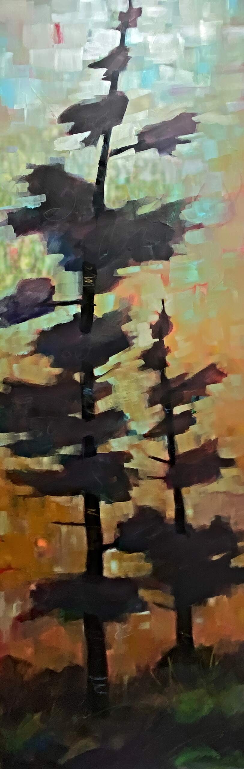 Brothers, original mixed media pixelated tree painting by Canadian artist Connie Geerts at Effusion Art Gallery in Invermere, BC.