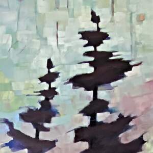 Can We Talk? Original mixed media pixelated tree painting by Canadian artist Connie Geerts at Effusion Art Gallery in Invermere, BC.