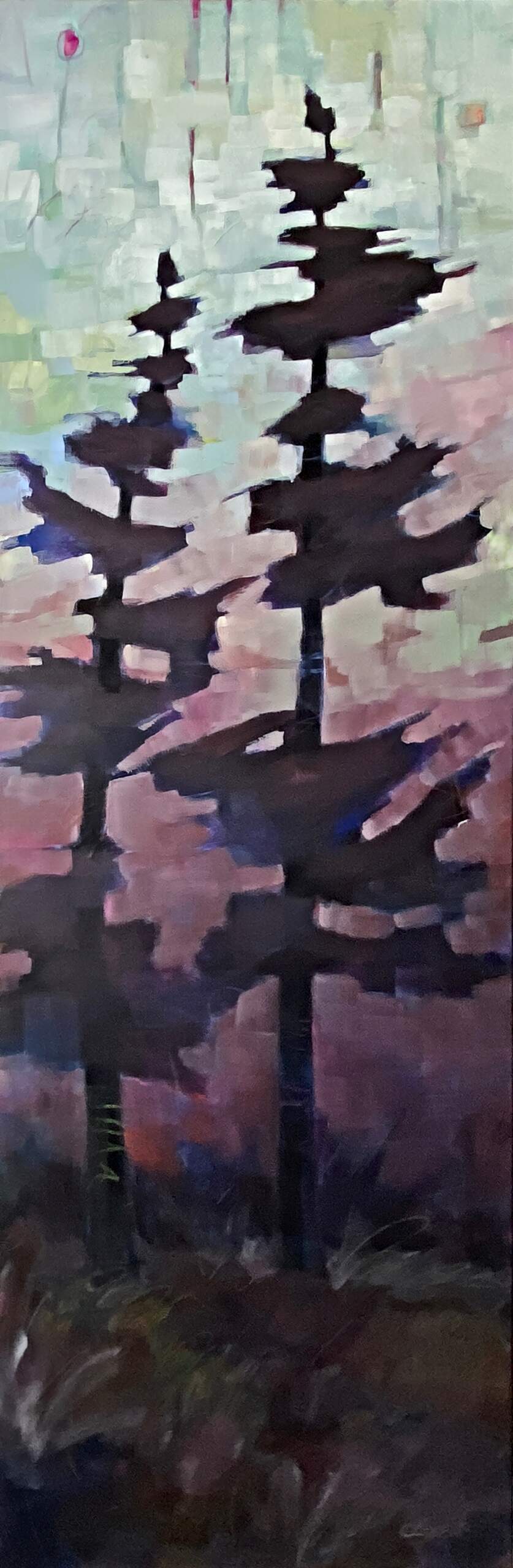 Can We Talk? Original mixed media pixelated tree painting by Canadian artist Connie Geerts at Effusion Art Gallery in Invermere, BC.