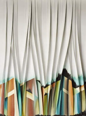 Aube de plénitude, original 3-D mixed media painting of abstract mountains by Canadian artist Mélanie Giguère at Effusion Art Gallery in Invermere, BC.