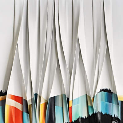 Un aparçu de infini, original 3-D mixed media painting of abstract mountains by Canadian artist Mélanie Giguère at Effusion Art Gallery in Invermere, BC.